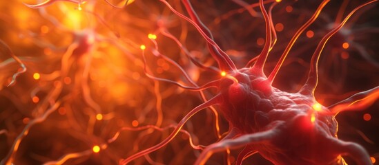 3d render of vibrant orange glowing neurons in the brain, close up