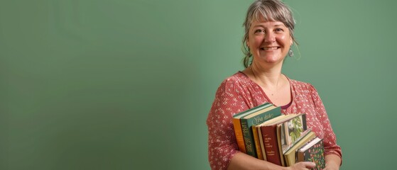 Fototapeta premium Mature Woman Holding Books with Joyful Expression, Casual Attire on Green Background, Lifelong Learning and Education Theme, Copy Space