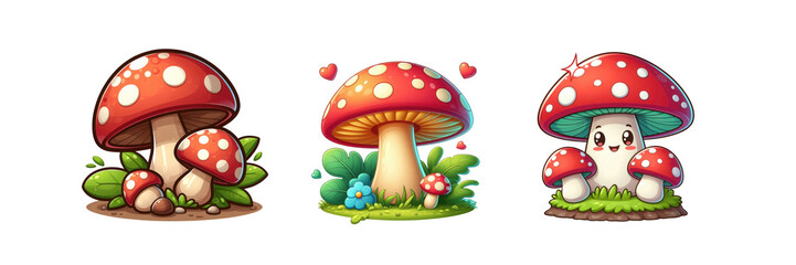 Set of Cartoon vector mushrooms clipart illustration, isolated over on transparent white background