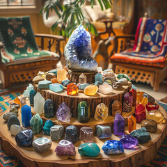 A beautiful display of colorful crystals and stones on wooden shelves in a boho living room