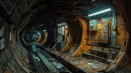 Abandoned space station corridor with eerie atmosphere and industrial decay