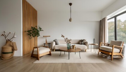 Modern living room interior, minimalistic, simple colorful walls, cozy furniture