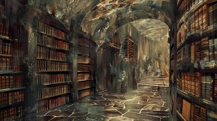A grand library filled with ancient tomes and forgotten secrets - obrazy, fototapety, plakaty