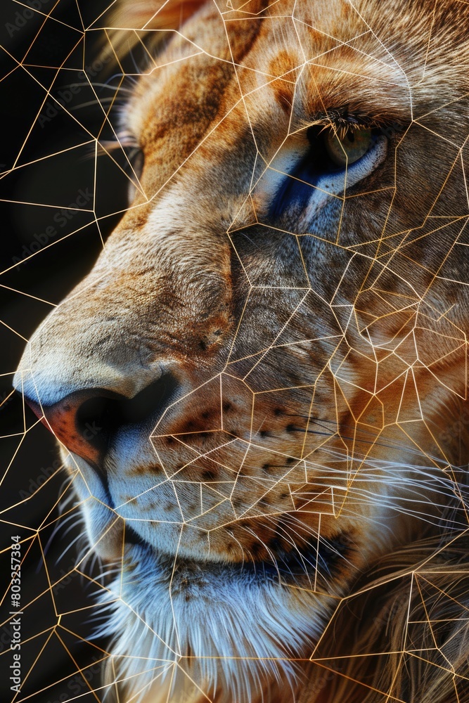 Poster Close up of a lion's face caught in a net. Suitable for wildlife and conservation concepts