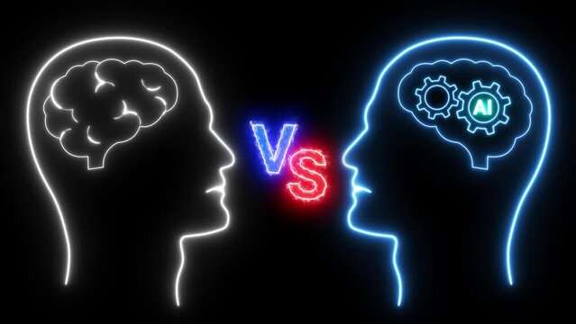 brain vs artificial intelligence neon animated head human brain vs brain head ai neon 4k alpha