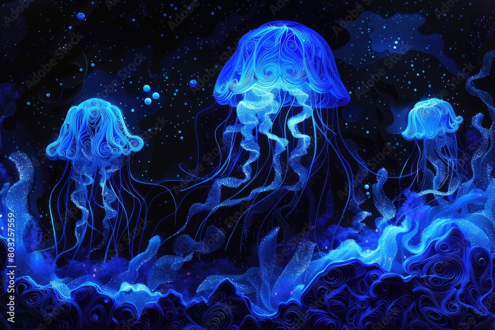 Poster a group of jellyfish floating in the ocean. ideal for marine-themed designs