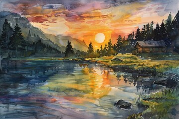 Beautiful sunset painting over a tranquil lake. Perfect for home decor or nature-themed projects
