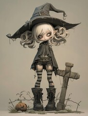Creepy Kawaii Graveyard Gardener Girl , Goth creepy , 3D render