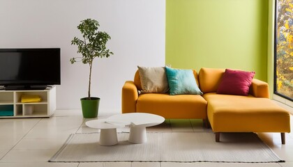 Modern living room interior, minimalistic, simple colorful walls