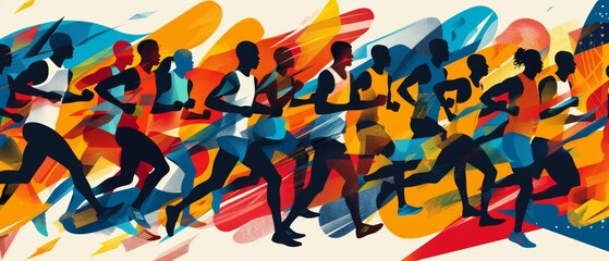 Obraz premium Dynamic Illustration of Marathon Runners at the Paris 2024 Olympics