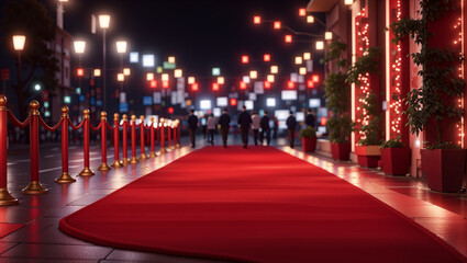 A red carpet lit by candles on both sides with people walking  - Powered by Adobe