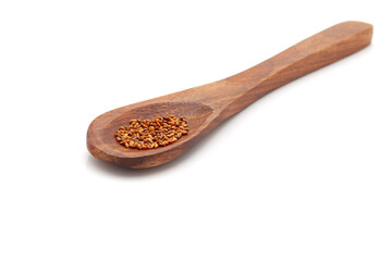 Front view of a wooden spoon filled with Organic Pansy (Viola tricolor var) seeds. Isolated on a...