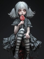 Creepy Kawaii Lollipop Lover Girl , Goth creepy , 3D render
