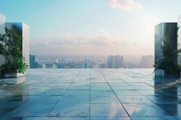 Give me a wide establishing shot of a helipad on the top of a skyscraper