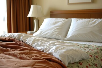 Bed With White and Brown Sheets and Pillows