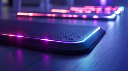 A close-up of a black and gray gaming mouse pad with RGB lighting