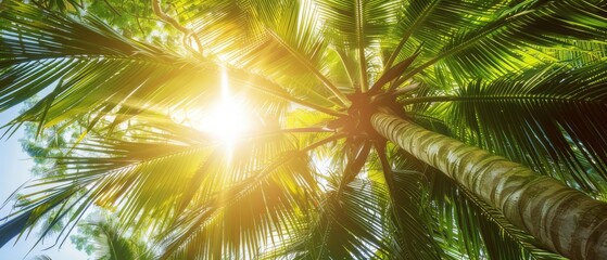 Fototapeta premium Leaf minimal summer plant texture wallpaper banner background - Closeup of tropical palm tree, illuminated by the sun
