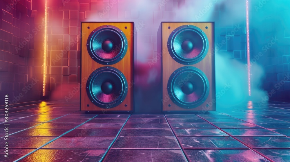 Poster two speakers placed on a tiled floor, suitable for technology concepts