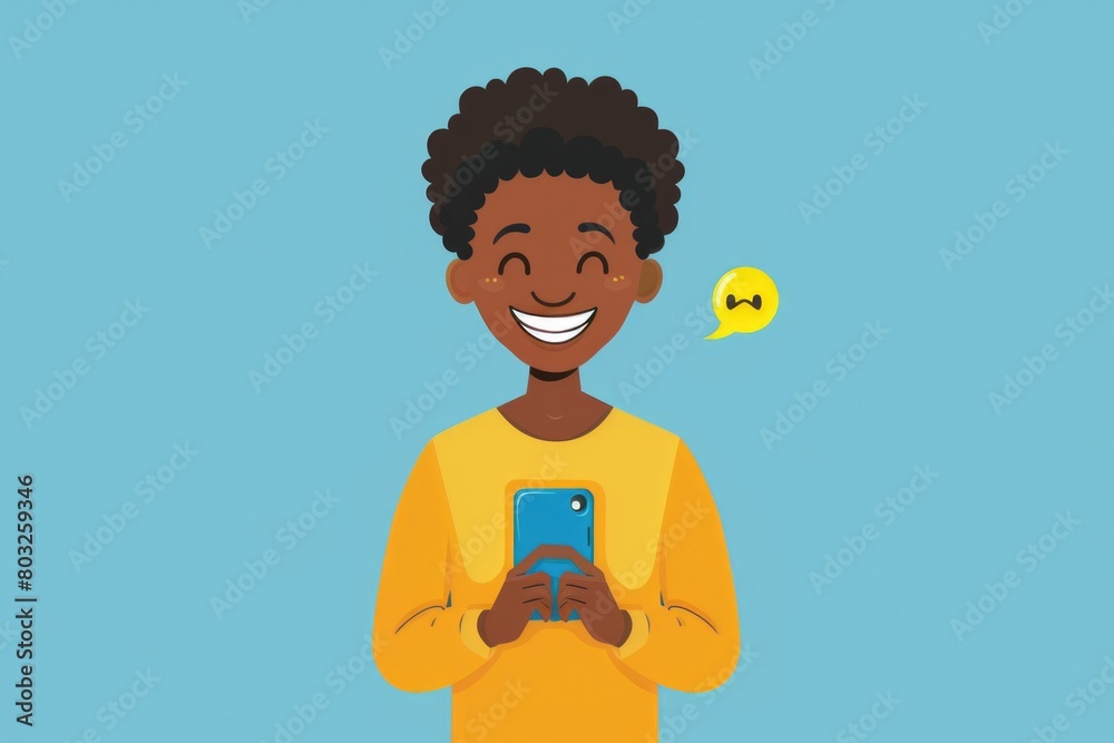 Poster person holding a cell phone with a smiley face on the screen. suitable for technology and communicat