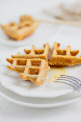 Waffle with honey. Aesthetic composition. Food Styling.
