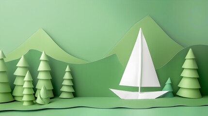 Green Paper Lake with Origami Sailboat Landscape Scenic Tranquil Nature Background