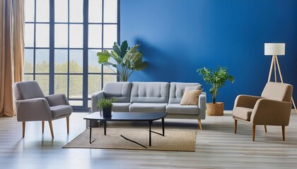 Modern living room interior, minimalistic, cool blue walls, cozy furniture