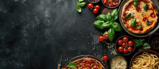 Italian cuisine on a dark backdrop featuring pasta and pizza from a top angle with empty space for...