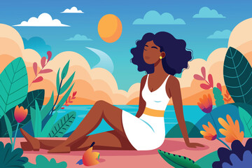 A peaceful scene of a woman in meditation amidst vibrant nature