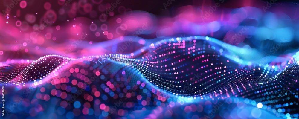 Poster abstract vector background with dots and lines in blue, purple, red colors creating futuristic wave 