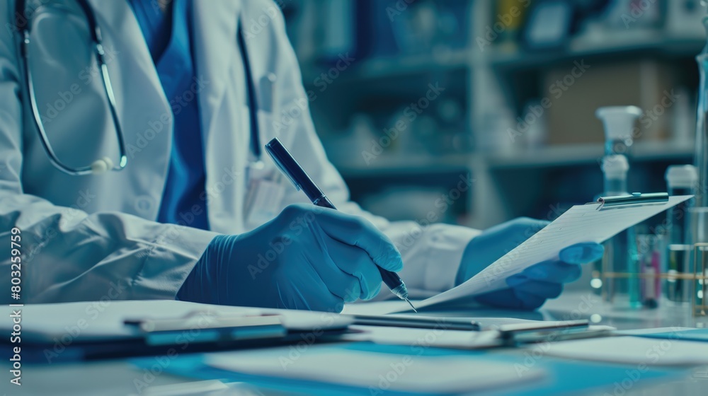 Poster a person in a lab coat writing on a piece of paper. suitable for educational or scientific concepts