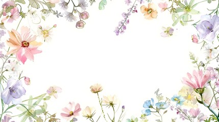 Delicate Floral Frame with Soft Pastel Watercolor Wildflowers on White Background for Note Cards or