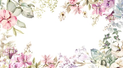 Intricate Floral Frame with Delicate Watercolor Wildflowers and Soft Pastel Colors on White