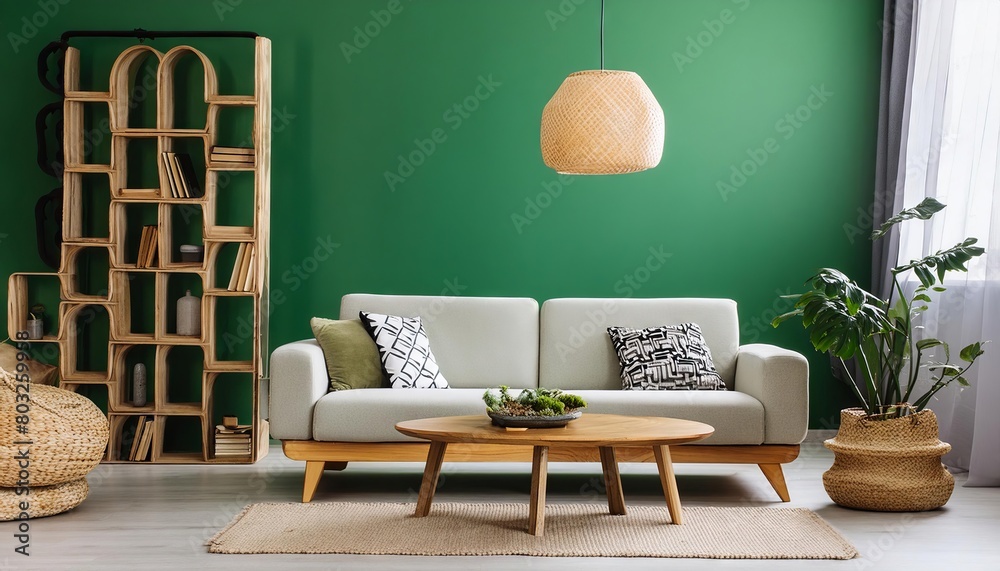 Wall mural Modern living room interior, minimalistic, beautiful green walls, cozy furniture