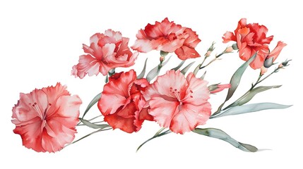 Vibrant Watercolor Floral Bouquet with Red Carnations and Snow Drops on White Background