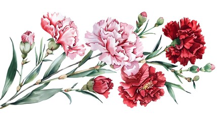 Vibrant Watercolor Floral Bouquet with Red Carnations and Delicate Snowdrops