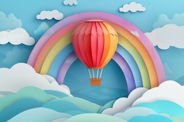 Obraz premium Colorful hot air balloon soaring over a vibrant rainbow, perfect for travel or adventure concepts