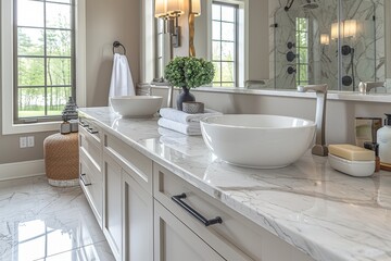 Fototapeta premium A modern elegant bathroom featuring a marble countertop with two white sinks, towels, and a basket in the corner