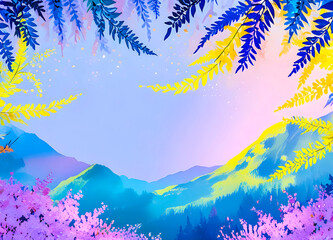 Colorful landscape painting with mountains, flowers, and leaves