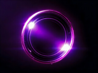 Round purple lens flare on black background. Light effect overlay