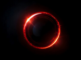 Round red lens flare on black background. Overlay light effect