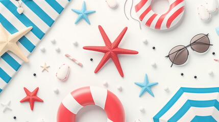 sea ​​background with rubber swimming rings, starfish, seashells and sunglasses