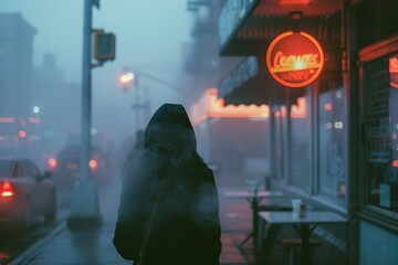 A woman is walking down a street in the rain, with a cigarette in her mouth