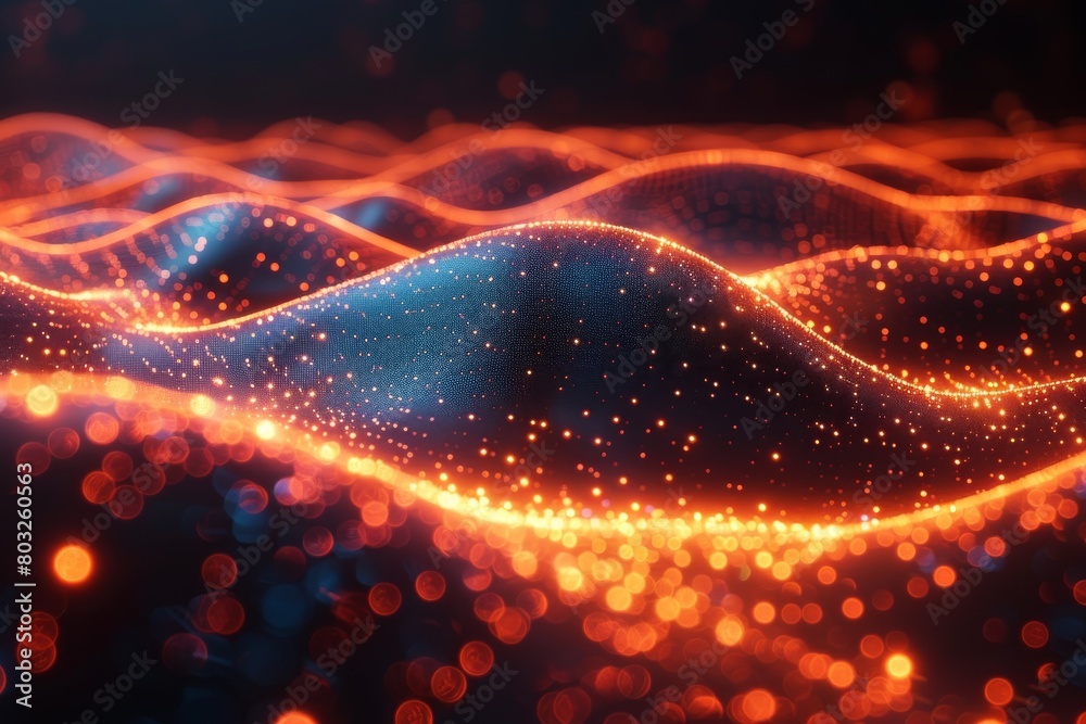 Poster abstract image capturing the dynamic flow of glowing digital wave particles creating a sense of move