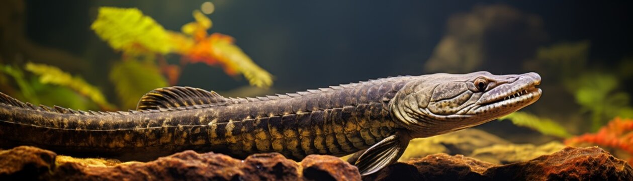 Closeup of a Bichir swimming gracefully, showcasing its elongated body and scales, soft lighting