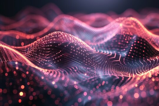 The image depicts a futuristic wave of digital particles in red and blue, illustrating technological advancement