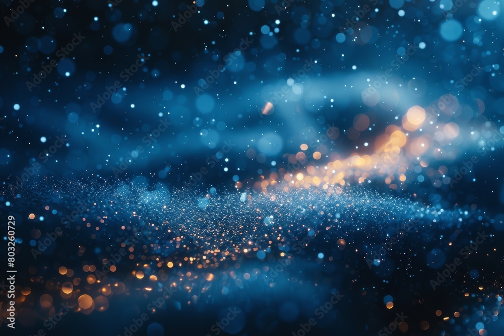 Poster this image features a mesmerizing display of abstract blue bokeh lights scattered across a dark back