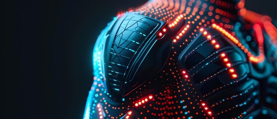 Generate a highly detailed 3D rendering of a futuristic soldier wearing a black and blue exoskeleton armor