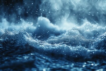 Fototapeta premium A serene and tranquil deep blue water surface, with droplets caught in mid-air and gentle waves conveying a sense of calmness and purity