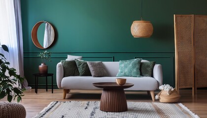 Modern living room interior, minimalistic, beautiful green walls, cozy furniture