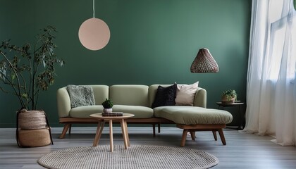 Modern living room interior, minimalistic, beautiful green walls, cozy furniture